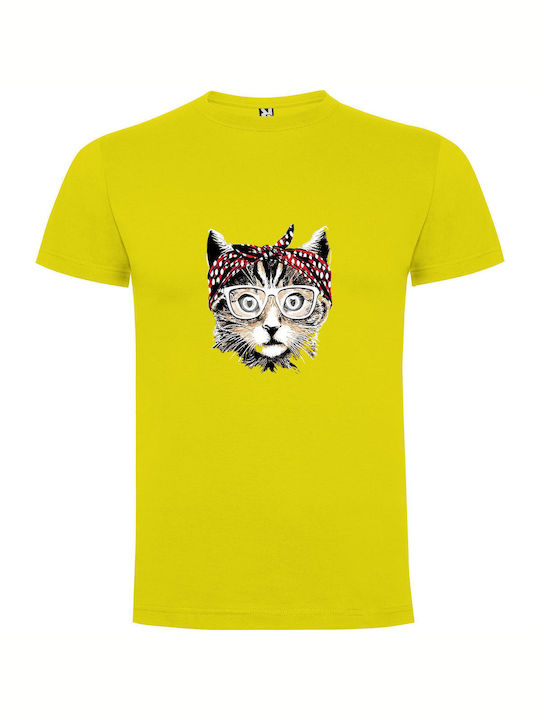 iLovePrints Hipster Cat Illustration T-shirt Yellow