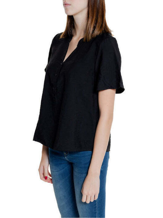 Jacqueline De Yong Women's Summer Blouse Short Sleeve with V Neckline Black