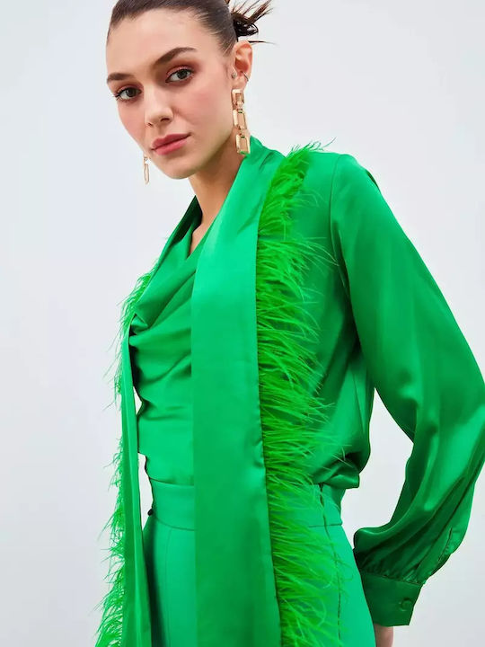 Green Elegant Satin Blouse with Scarf Feathers