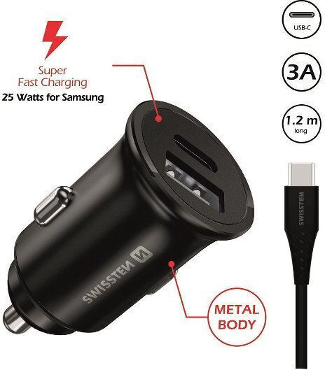 Swissten Φορτιστής Αυτοκινήτου 25W 3A Γρήγορης Φόρτισης με Θύρες: 1xUSB-A 1xType-C μαζί με Καλώδιο Type-C Μαύρο Χρώμα