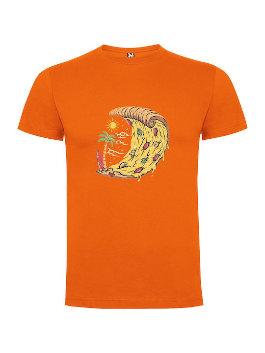 iLovePrints Waveboard Pizza Universe T-shirt Orange