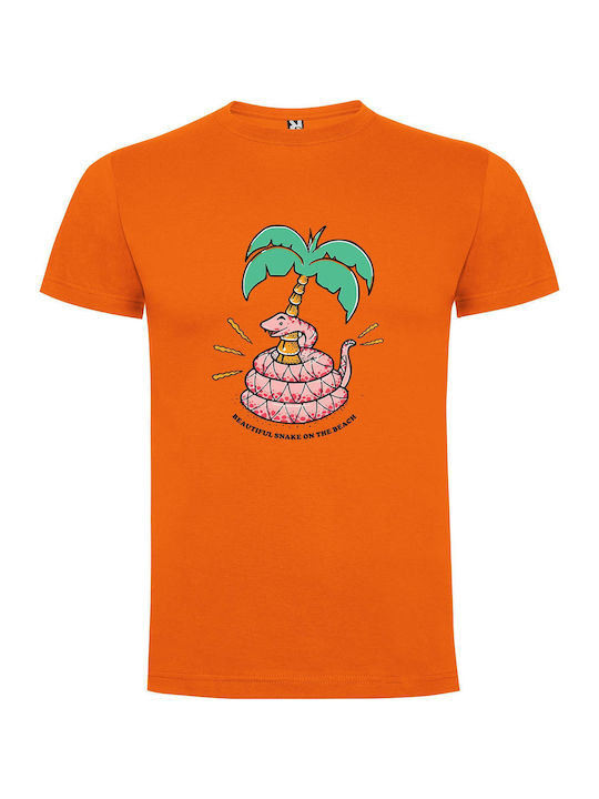 iLovePrints Pink Palm Serpent Illustration T-shirt Orange