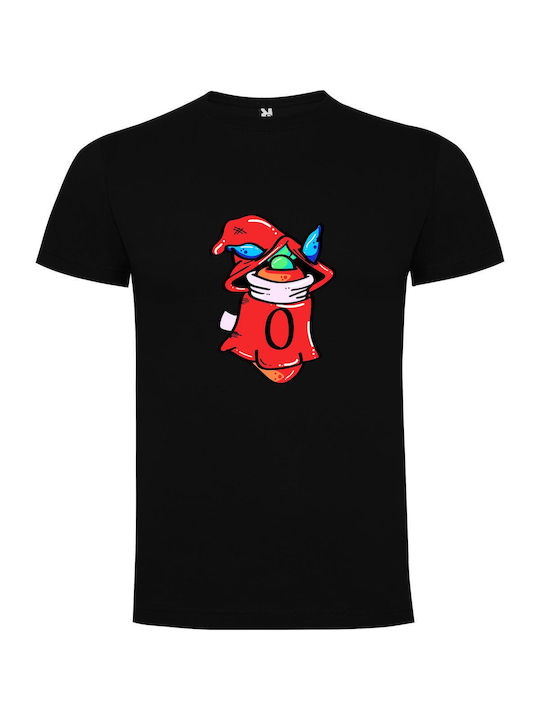 iLovePrints Red-hooded Cartoon Wizard T-shirt Black