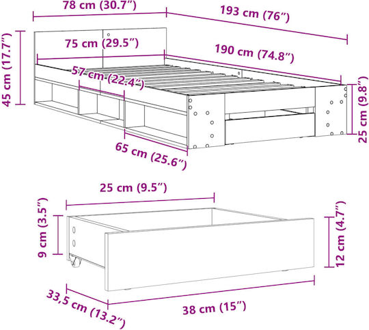 King Size Holzbetten Braune mit Lattenrost für Matratze 190x190cm