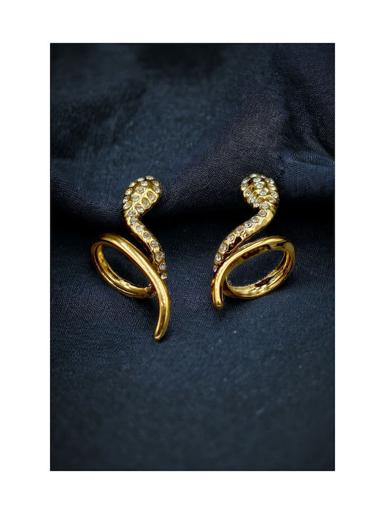 Steel Gold Stud Earrings Wrapped in Snake Pattern with Rhinestones