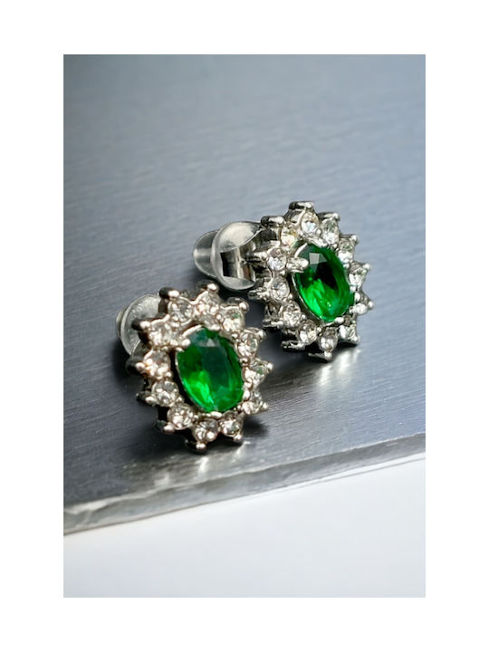 Stainless Steel Silver Stud Earrings with Oval Green Zircon in the Middle and Strass Around