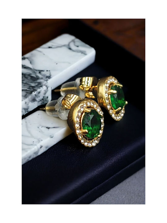 Stainless Steel Gold Stud Earrings Round Green Zircon in the Middle Strass Around