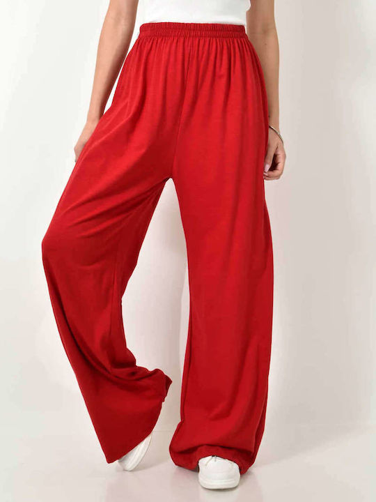 Comfortable Wide-Leg Trousers with Elastic Waist Red 24234