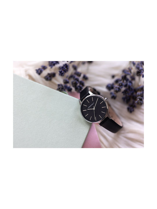 Perfect Γυναικείο Ρολόι 34mm Μπαταρίας με Μαύρο Δερμάτινο Λουράκι