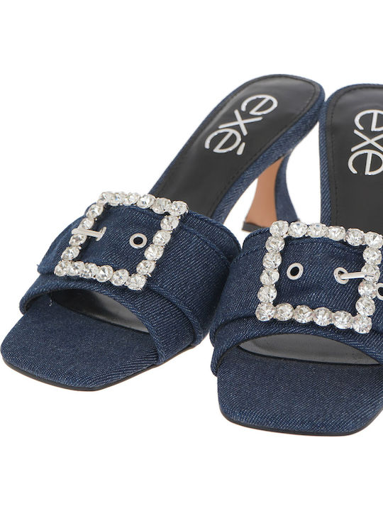 Mules with Thin High Heel in Blue Color