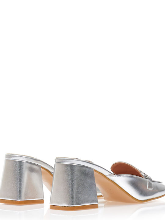 Mules with Chunky High Heel in Silver Color