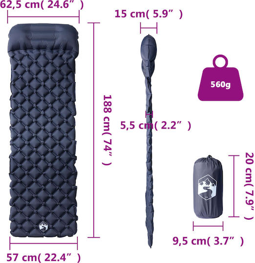 vidaXL Μονό Υπόστρωμα Camping 188x62cm Πάχους 5.5cm Γκρι
