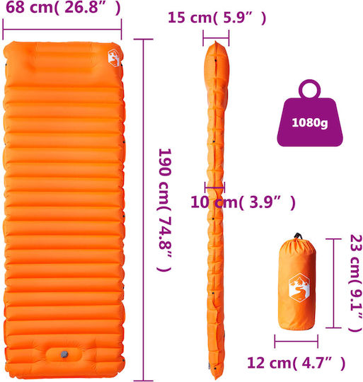 vidaXL Αυτοφούσκωτο Ημίδιπλο Υπόστρωμα Camping 190x68cm Πάχους 10cm Πορτοκαλί