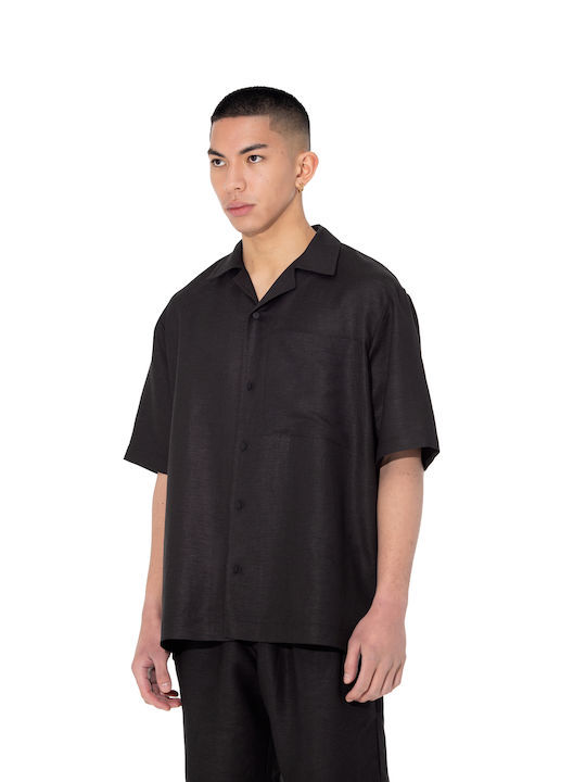 Ne En Aout Men's Shirt Short Sleeve Linen Black