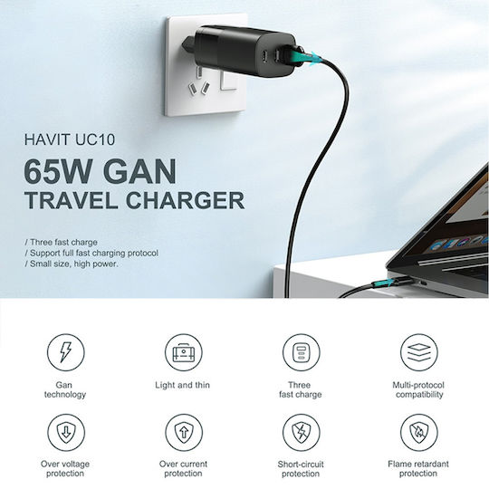 Havit Charger Without Cable with USB-A Port and 2 USB-C Ports 65W Power Delivery Blacks (UC10)