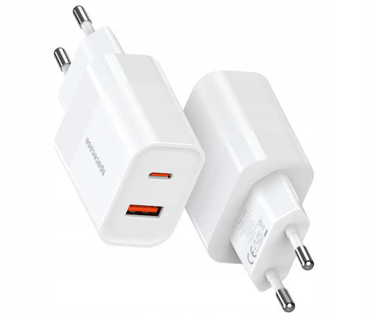 Spacecase Зарядно без кабел с USB-A порт и USB-C порт 20W Бял (Spacecase SC002W)