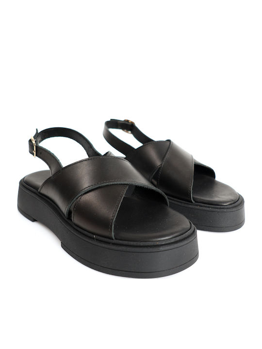 Μαύρα Δερμάτινα Flatforms Χιαστί Φάσα