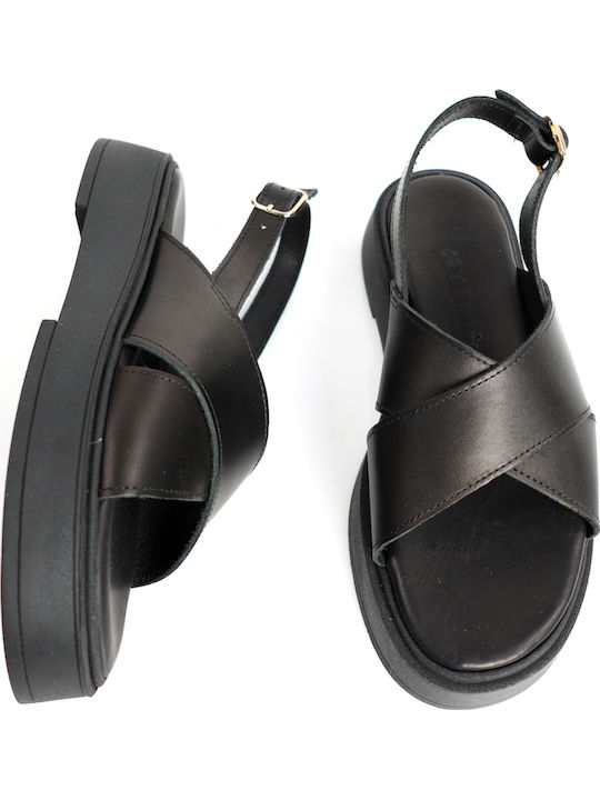 Μαύρα Δερμάτινα Flatforms Χιαστί Φάσα