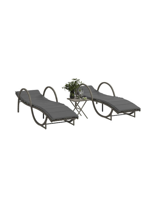 Deckchair Rattan with Cushion Gray with Table 2pcs 109x55x42cm.
