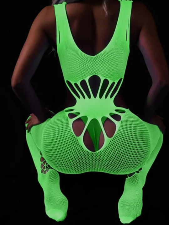 Glow In The Dark Bodystocking Sexy Plasă Verde