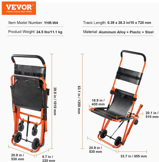 Vevor Transfer Stair Chair with Weight Capacity up to 158kg 85.5x53x135cm