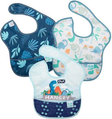 Bumkins SuperBib Dino Wasserdicht Lätzchen Kunststoff mit Bügelverschluss und Schlaufe & Tasche Blau für 24 m+ 3Stück