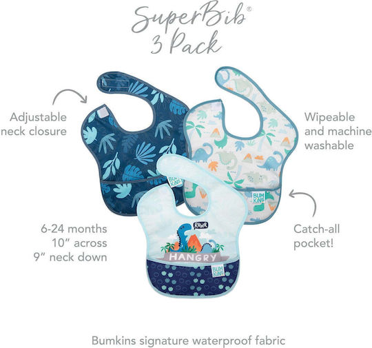 Bumkins SuperBib Dino Αδιάβροχη Σαλιάρα Πλαστική με Αυτοκόλλητο & Τσέπη Μπλε για 24 m+ 3τμχ