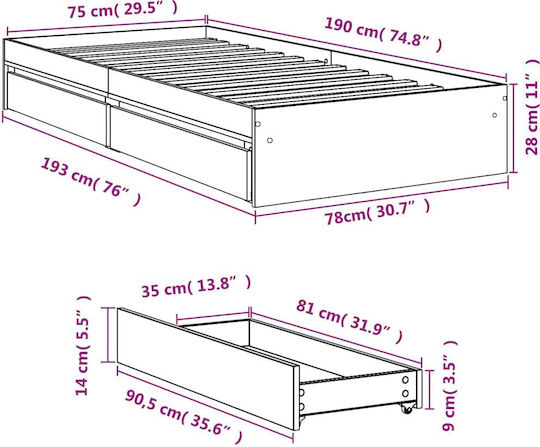 Suport Pat Single Din Lemn Negru Cu Plăci Pentru Saltea 75x190cm
