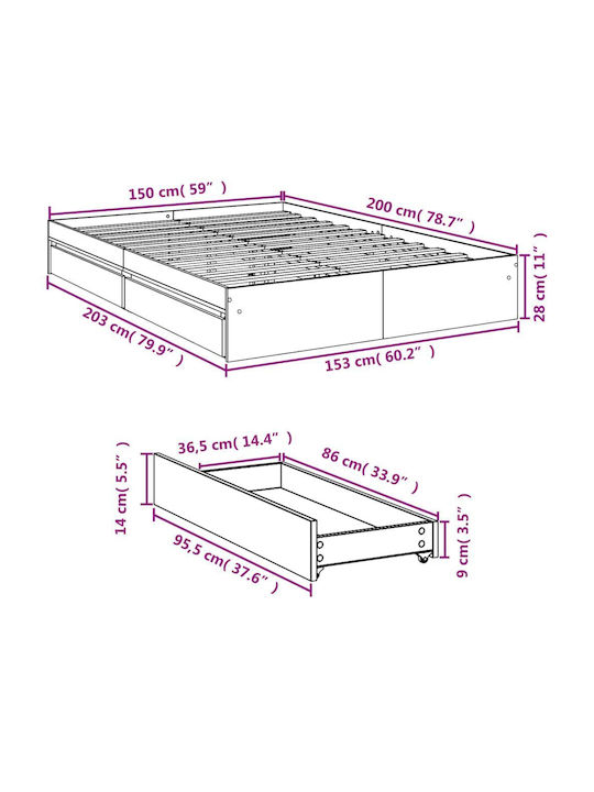 Double Wooden Gray Bed Base with Slats for Mattress 150x200cm