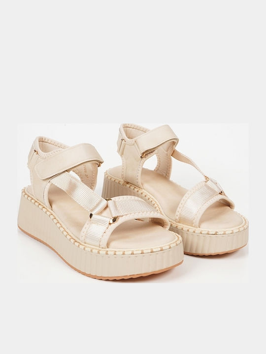 Women's Fabric Ankle Strap Platforms Beige