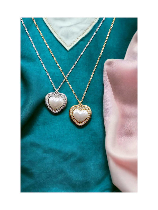 Necklace with design Heart from Gold Plated Steel with Pearls