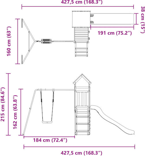 vidaXL Holzturm 427.5x185x215cm. Braun