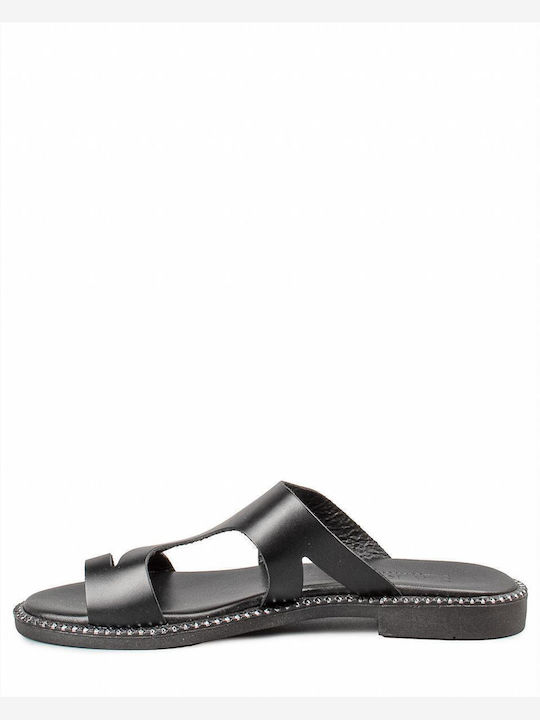 Leather Women's Flat Sandals in Black Color