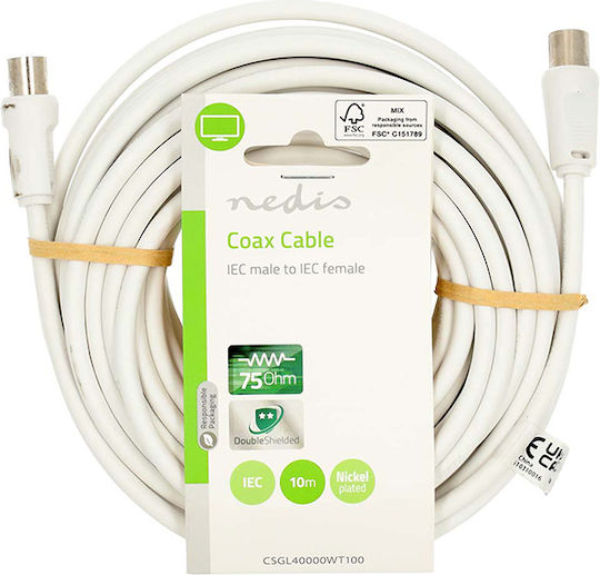 Nedis Antenna Cable Coax male - Coax female White 10m (CSGL40000WT100) 1pcs