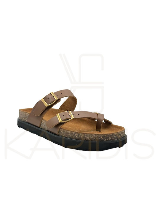 Ateneo Leder Damen Flache Sandalen in Tabac Braun Farbe