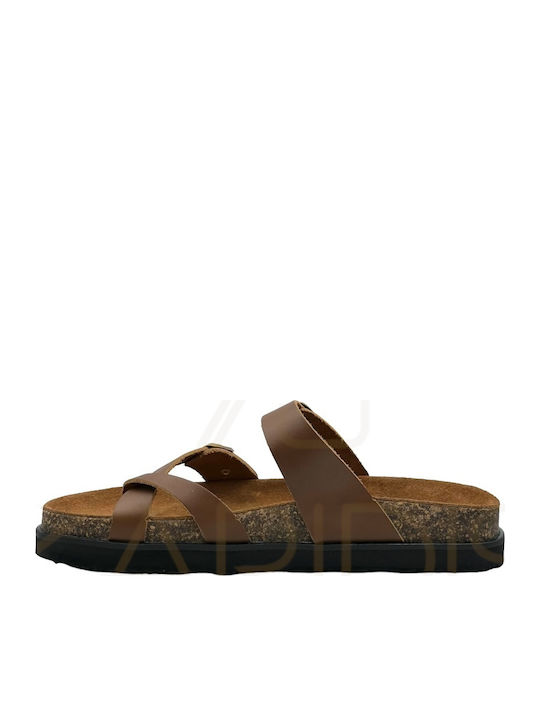 Leather Women's Flat Sandals in Tabac Brown Color