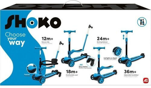 Shoko Παιδικό Πατίνι Αναδιπλούμενο Prime 4 In 1 Plus Τρίτροχο με Κάθισμα για 12 Μηνών Μπλε
