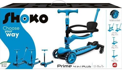 Shoko Παιδικό Πατίνι Αναδιπλούμενο Prime 4 In 1 Plus Τρίτροχο με Κάθισμα για 12 Μηνών Μπλε