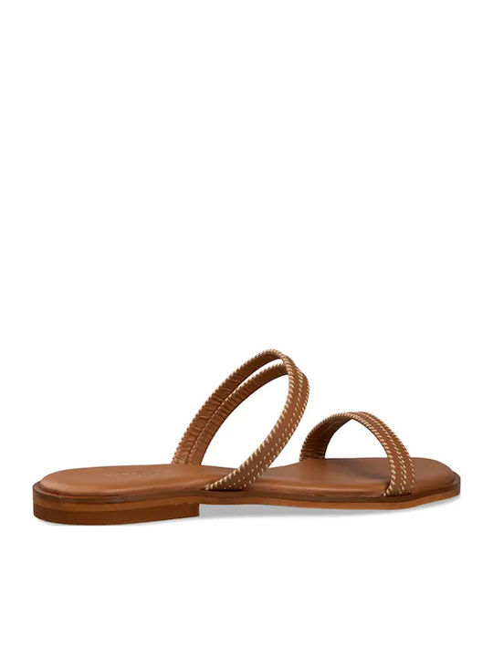 Leather Women's Flat Sandals Tabac Brown
