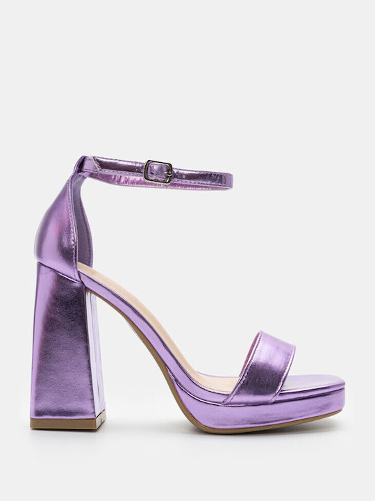 Luigi Platform Synthetic Leather Women's Sandals with Ankle Strap Purple with Low Heel