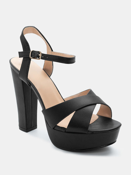 Luigi Platform Synthetic Leather Women's Sandals with Ankle Strap Black with Low Heel