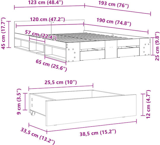 Kids Bed Classic Semi Double with Storage Space Brown for Mattress 120x190cm