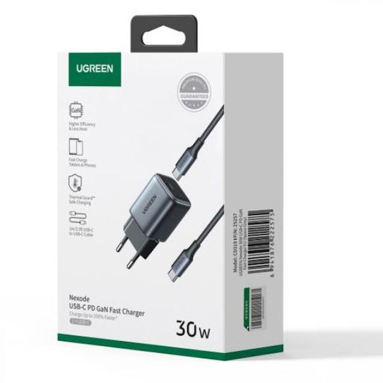 Ugreen Зарядно с USB-C порт и кабел USB-C - USB-C 30W Доставка на енергия / Бързо зареждане 3.0 Сив (25257)