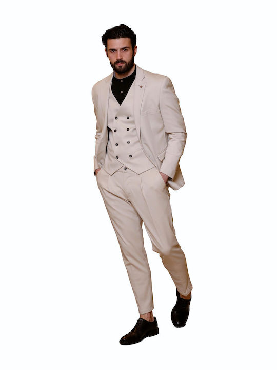 Mezzo Uomo Men's Suit with Vest Ecru