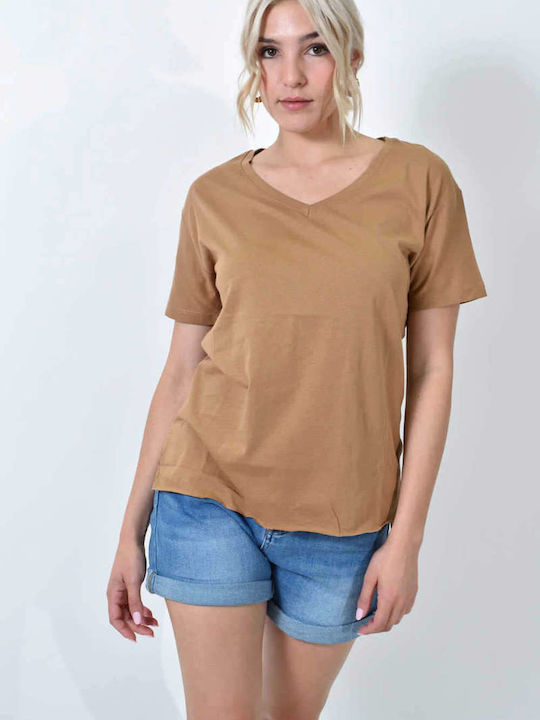 First Woman Women's Oversized T-shirt with V Neck Brown