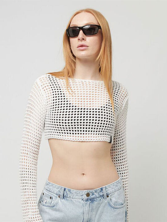 Karl Kani Damen Sommerliches Crop Top Baumwolle Langärmelig White