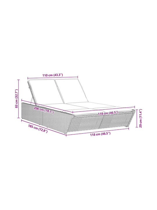 Sunbed Double Rattan with Cushion Brown 110x200cm.
