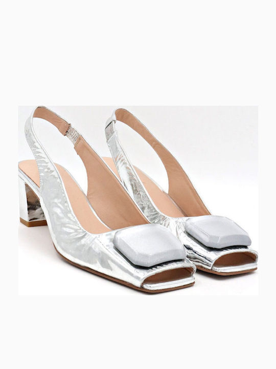 Leather Silver Medium Heels with Strap