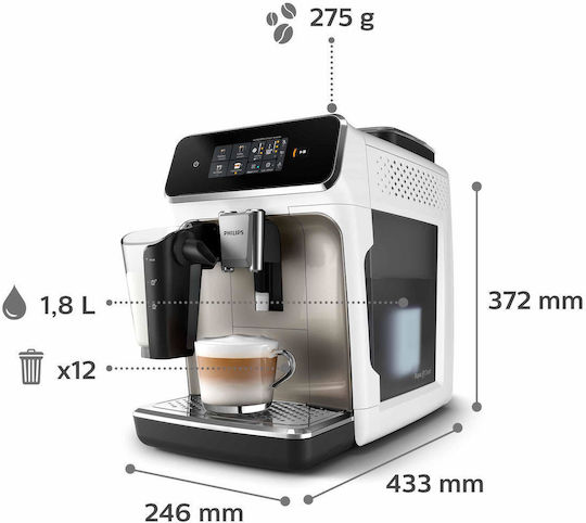 Philips Series 2300 Αυτόματη Μηχανή Espresso 1500W Πίεσης 15bar για Cappuccino με Μύλο Άλεσης Λευκή EP2333/40