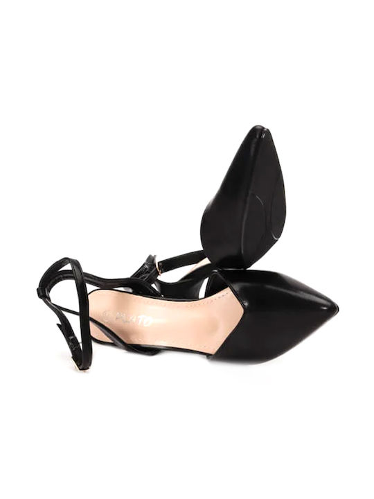 Pointed Open Heel Pumps with Ankle Strap Black